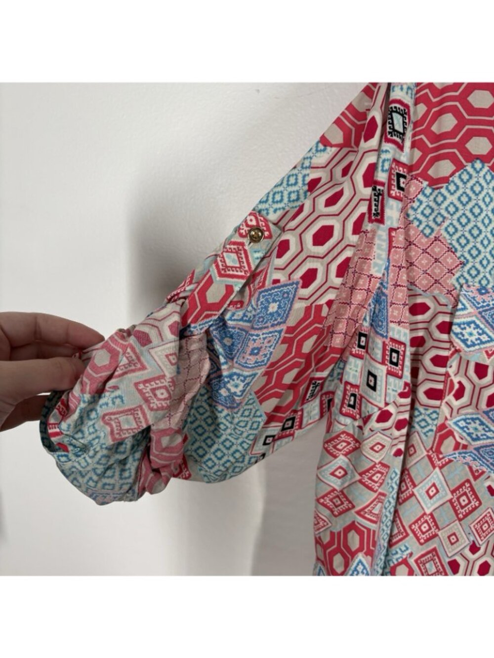 Talbots Woman Petite 2XP Patchwork Roll Tab Sleeves Popover Tunic Shirt - Picture 6 of 11